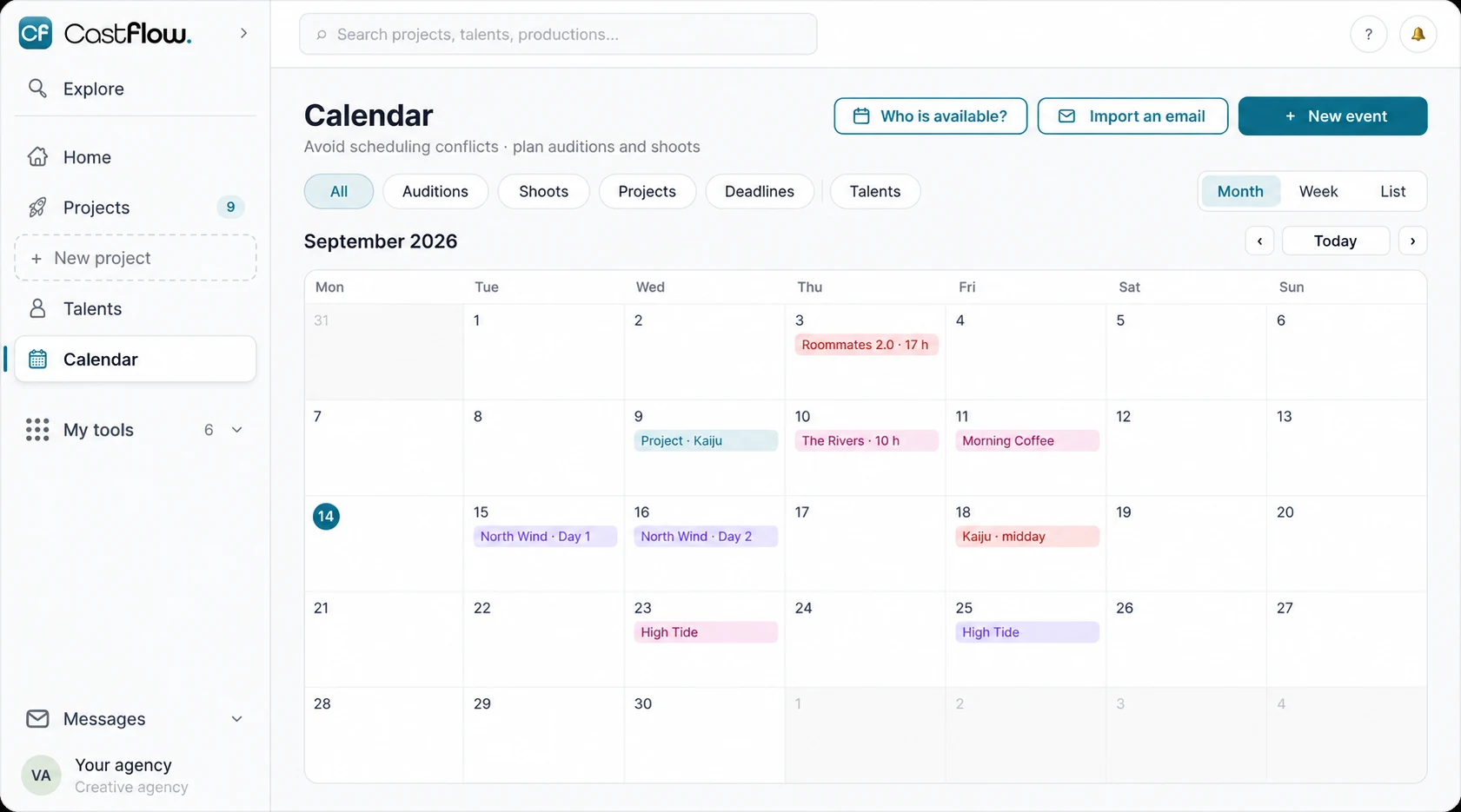 The app's Calendar page: auditions, shoots and talent availability in one calendar.