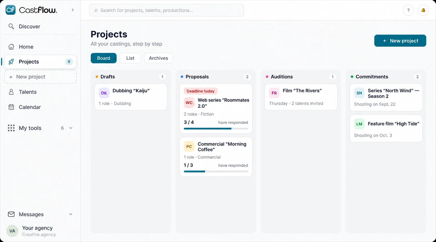 The app's Projects page: each casting is a card, arranged in columns by stage.