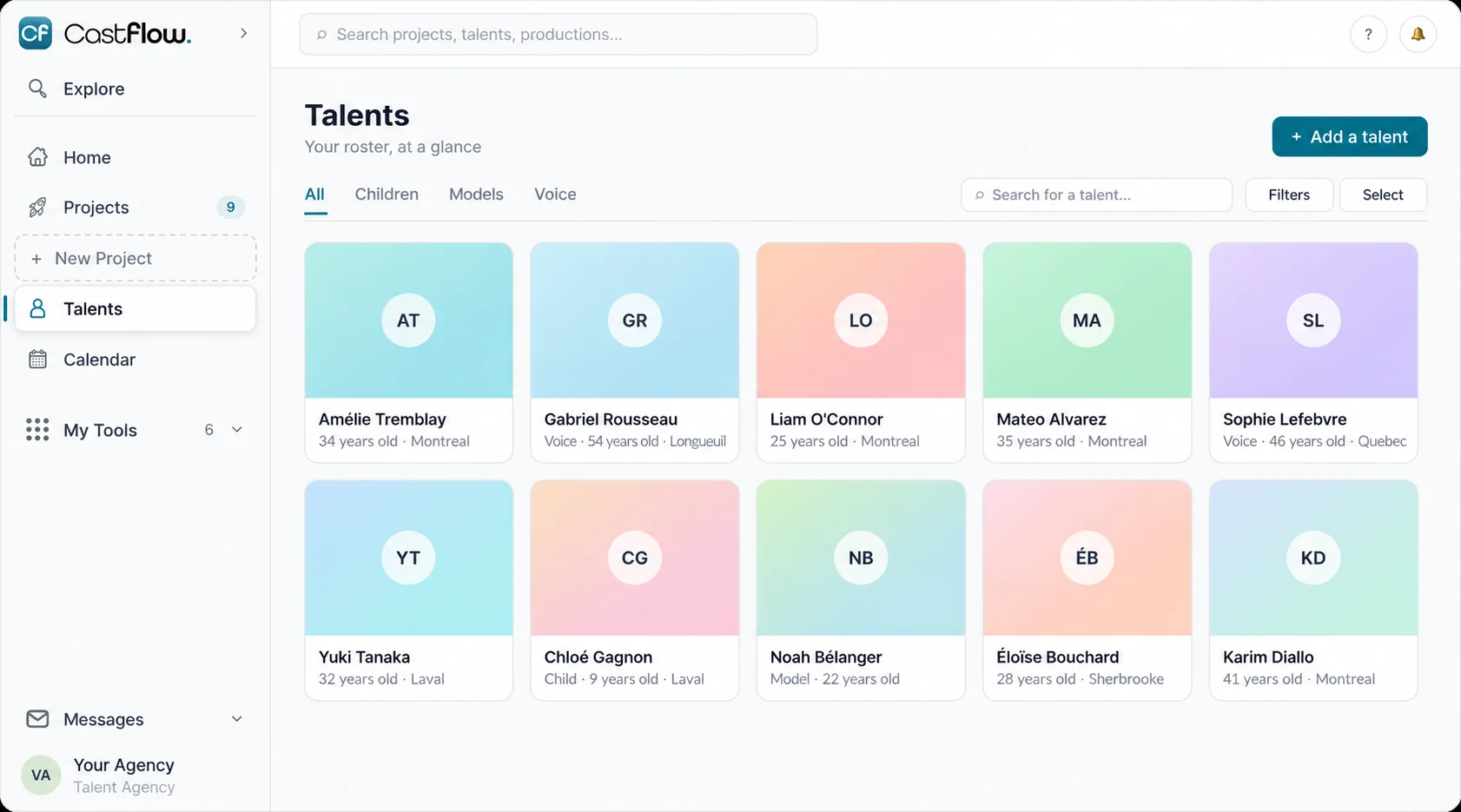 The app's Talent page: the agency's roster, face by face, sorted by category.