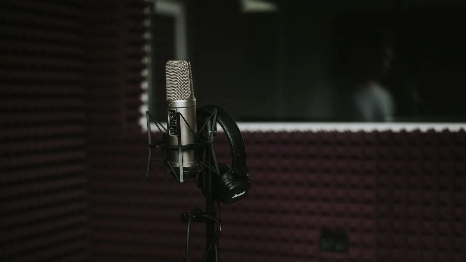 Un micro de studio devant des panneaux d'insonorisation