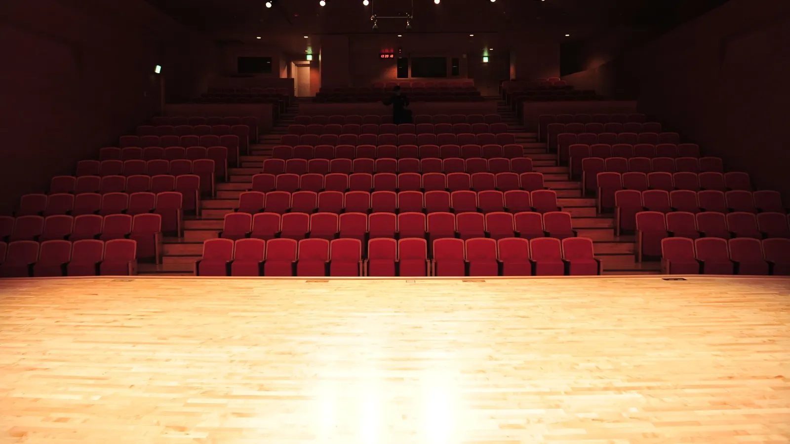 Une salle de théâtre vide, rangées de fauteuils rouges face à la scène éclairée
