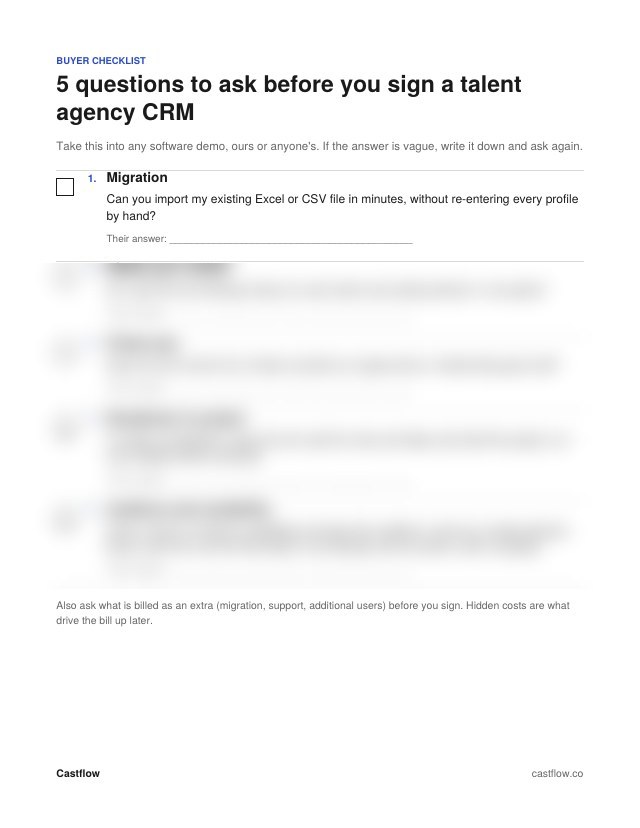 Cover of the buyer checklist: 5 questions to ask before you sign a talent agency CRM