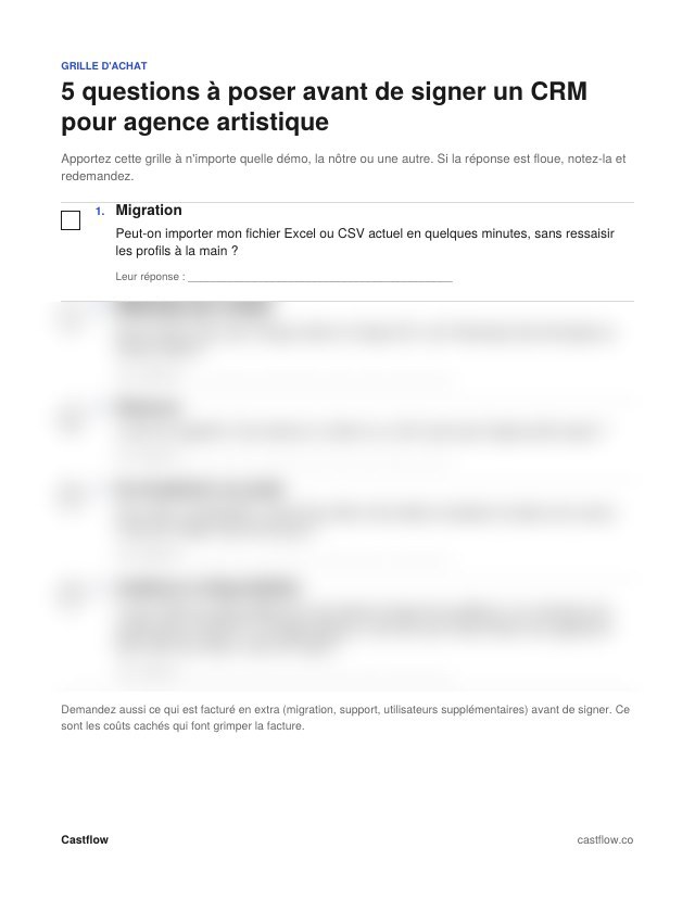 Couverture de la grille d'achat : 5 questions à poser avant de signer un CRM pour agence artistique